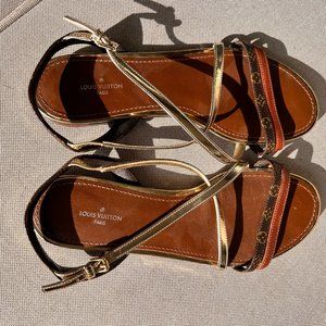 LOUIS VUITTON Gold/Brown Leather Landscape Flat Sandals Size 37